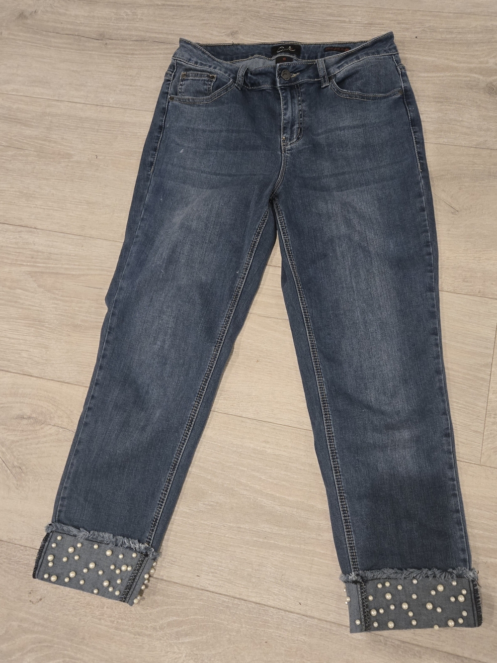 Earl Jeans Dark Blue Cropped Jeans with Pearl-Cuffed Ankles